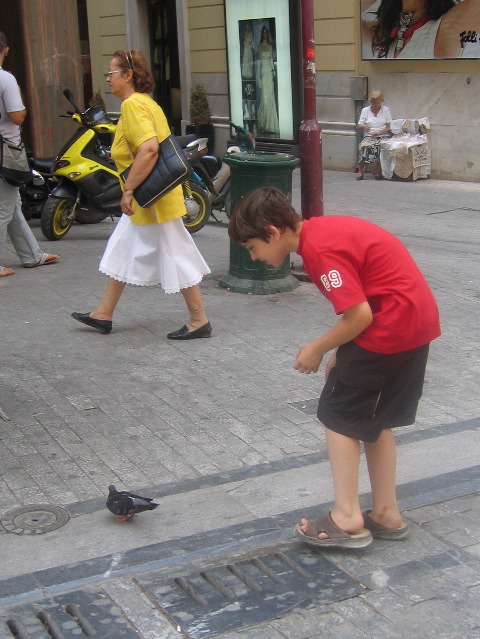 Dan chasing pigeons in the marketplace